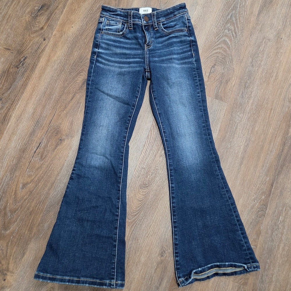 BKE Youth Girls Dark Wash Flare Denim Jeans Adjustable Waist Size 8R